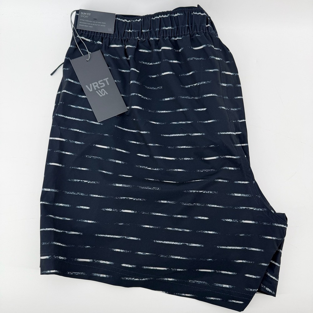 VRST Mens 5 Inch‎ Resort Short Slim Fit Navy Sand Washed Stripe XL NEW